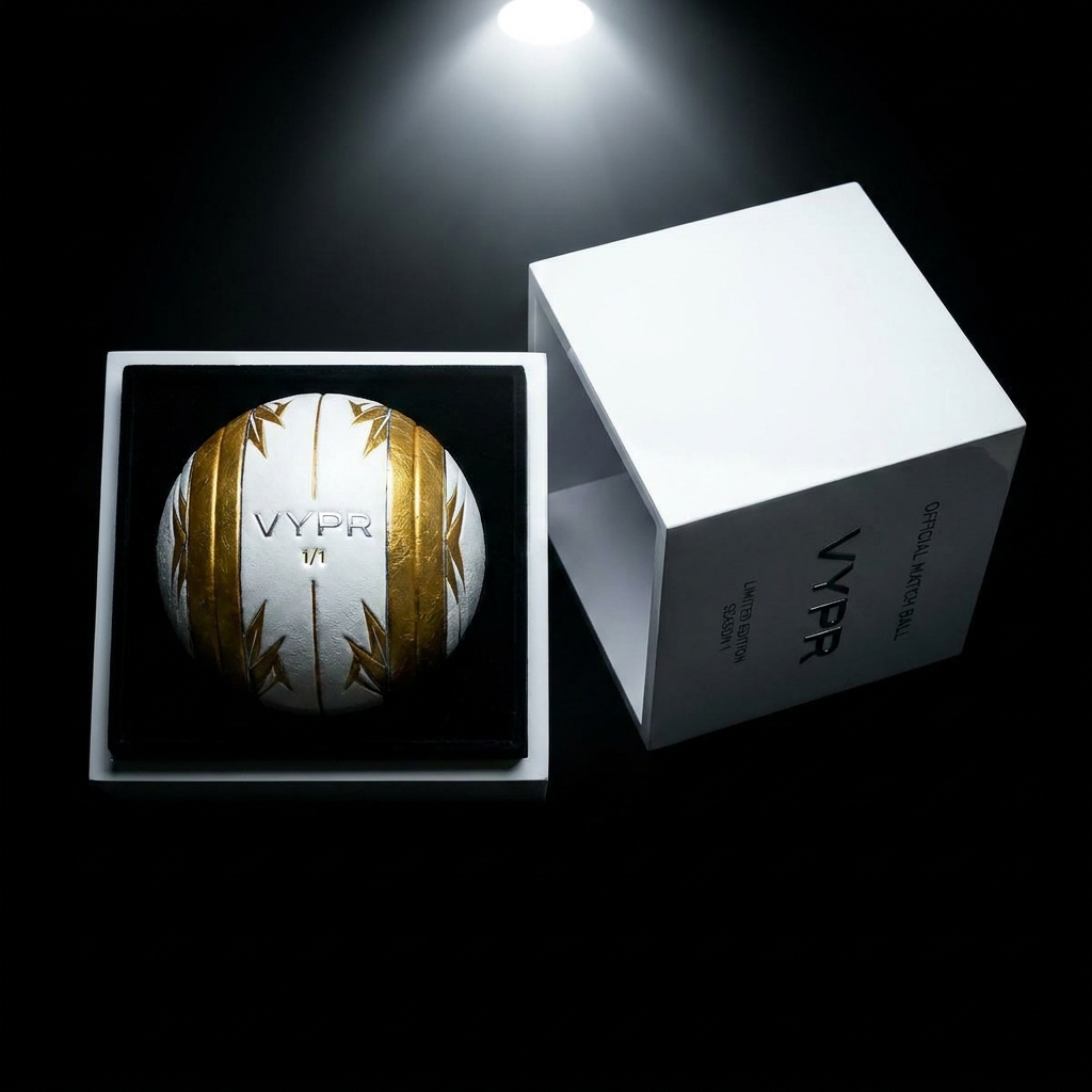 Image of VYPR S1 Official Match Ball, Gold 1/1 edition, shown beside its presentation box