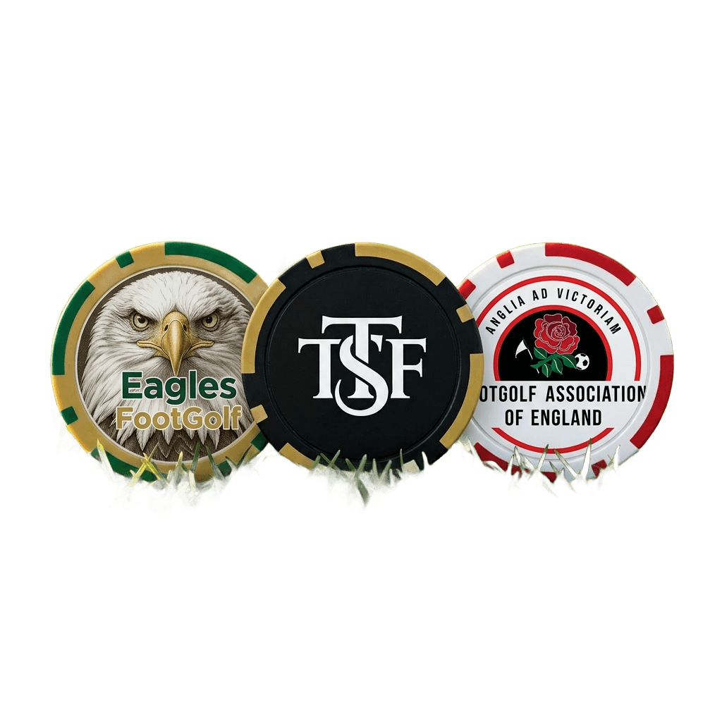 Three custom-printed VYPR FootGolf ball markers showing example club and association designs